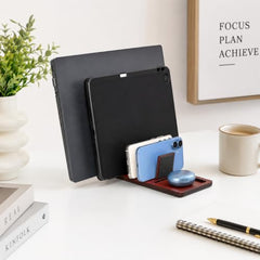 GKD Dark Wood Multi Device Stand & Organizer | Laptop, Tablet, Mobile & Power Bank Holder | All-in-One Desk Charging Station & Organizer | Modern Office Desk Accessory | Diwali Gift