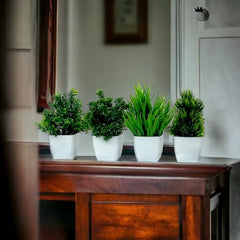 Litleo Plastic Artificial Plants Mini, Eucalyptus Potted Faux Decorative Grass Plant For Home Decor, Indoor, Office, Desk, Shelf, Table Decoration (Pack Of 4), Green