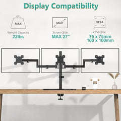 WALI Triple Monitor Mount, Three Desk Mount Fits 13-27in Screens,Holds up to 22lbs, Multiple Monitor Stand with Tilt, Swivel, Rotation, VESA 75x75,100x100mm(M003S), Black