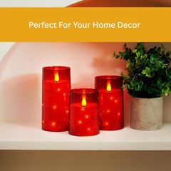 Flameless LED Pillar Candle Set of 2 | Acrylic Fiber Glass | Dancing Faux Wick | Remote Control with Battery Operated 3 AA | Home Décor & Gifting | 3" D x 6" H | Red