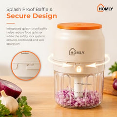 HOMLY Chopzo Mini Vegetable Chopper 250ml, 30W Rechargeable Electric Chopper with Stainless Steel Tri-Blade Cutter, USB Charging, Compact Chopper for Onion, Garlic & Vegetables