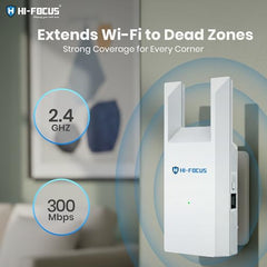 HI-Focus 300 Mbps Wi-Fi Range Extender (2.4 GHz) | Dual-Antenna Wireless Booster + Ethernet Port | Plug-and-Play Wi-Fi Repeater for Home & Office Coverage