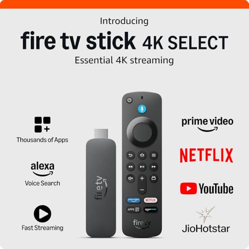 Amazon Fire TV Stick 4K Select (newest model), start streaming in 4K, Alexa voice search, stream lakhs of movies & episodes, free and live TV