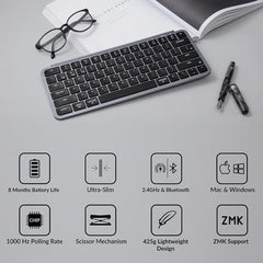 Keychron B1 Pro Ultra-Slim ZMK/Launcher Wireless Bluetooth 2.4 GHz/Wired Connection Keyboard for Mac Windows Linux - Gray