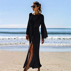 MOMISY Women's Crochet Summer Beach Dress Long Sleeve Square Neck Floral Lace Hollow Bikini Cover Up Cardigan Beachwear Dress - Black