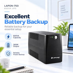 Lapcare Lapon-750 600VA /360W, 230V, UPS System, an Ideal Power Backup & Protection for Home Office, Desktop PC & Home Electronics, Lead Acid Battery, Black