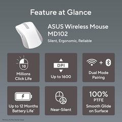 ASUS Wireless Mouse MD102 2.4GHz Mode, Ergonomic Design, Silent, Reliable, Dual Mode Connectivity, Adjustable DPI, 10 Million Click Life, White