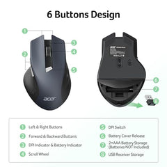 Acer Wireless Mouse for Computer, 6 Buttons 1600 DPI, Large Ergonomic Mouse