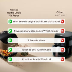 Nester Home Cook Glass Air Fryer 6.2 Ltr with 6mm Borosilicate Glass bowl and SteamLock™ Technology | 1600 W | 9 Smart Presets | Auto Clean Function | 100% Toxin Free | 3-year Warranty | Dalgona Brown