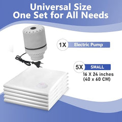 SELLWIZE Vacuum Storage Bags with Electric Pump, 5 Pack Small, Space Saver Bags with Triple-Sealed Valve Airtight, Reusable Compression Storage Bags for Packing, Polyamide Polyethylene Material