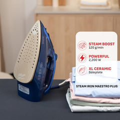 Tefal Maestro Plus Steam Iron | No.1 Ironing Brand in Europe | 2200W | XL Ceramic Soleplate | Anti-Calc | 120g/min Boost | 35g/min Continuous Steam | Blue | 2-Year Warranty