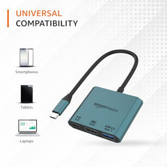 Amazon Basics Pro Series 6-in-1 USB HUB, USB-C PD 3, HDMI (4k@60Hz), USB 3.0-5 GBPS Data Transfer Speed, Aux 3.5, Docking Station with Instant Screen- On/Off and One-Click Mute Button (Turquoise)