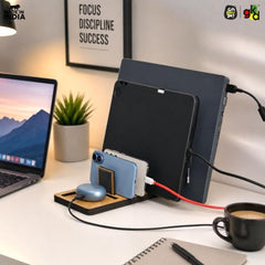 GKD Dark Wood Multi Device Stand & Organizer | Laptop, Tablet, Mobile & Power Bank Holder | All-in-One Desk Charging Station & Organizer | Modern Office Desk Accessory | Diwali Gift