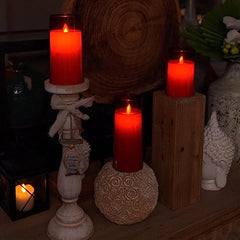 Flameless LED Pillar Candle Set of 2 | Acrylic Fiber Glass | Dancing Faux Wick | Remote Control with Battery Operated 3 AA | Home Décor & Gifting | 3" D x 6" H | Red