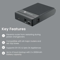 Portronics Power Plus II Mini UPS for 12V-3A WiFi Router Broadband Modem, Backup Upto 4 Hours, Current Surge Protection, UPS Power Backup for WiFi Router Modem During Power Cuts (Black)