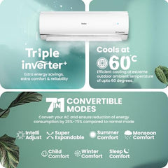 Haier 1.5 Ton 5 Star Triple Inverter Split AC (4850 W, Copper, 7 in 1 Convertible, 4-Way Swing, Frost Self Clean, HD Filter, Cools at 60Â°C, 20 Mtr. Air Throw - HSU18K-PYSS5BN-INV, White)
