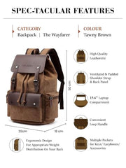 FUR JADEN Eco Friendly Travel 4 Compartment Laptop Backpack Made of Water Resistant Sustainable Canvas and Vegan Leather for Unisex for Travel Hiking Work (Coffee)