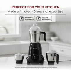 Butterfly Jet Elite 750 Watt Mixer Grinder with 3 Jars | 3 Leakproof Stainless Steel Jars | ABS body | Grey | 2 Years Manufacturer's Warranty