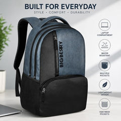 BIGBERRY Rodeo 2.0 Leatherite Faux Leather Laptop Backpack for Men & Women | Water Resistant 2 Compartment Casual Daypack | 15.6 Inch Laptop Bag for Office, College, Travel & Daily Use, Navy Blue