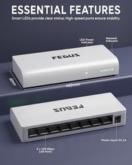 FEDUS Nextport-8000, 8 Port Gigabit Ethernet Switch 1000Mbps, High-Speed Network Splitter & LAN Hub, Plug & Play, Fanless, Desktop Switch for PC, Internet Cable, Laptop, Gaming, Router, NAS, CCTV, TV