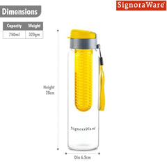 SignoraWare Infuser Borosilicate Glass Water Bottle, Detox(750ml, Yellow)