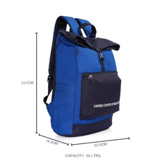 United Colors of Benetton Grand Slam 30L Roll-Top Backpack - Blue+Navy Color | Fits 14-inch Laptop | Secure Buckle Closure for Travel & Gym with 1-Year Warranty