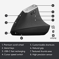 Logitech MX Vertical Advanced Ergonomic Mouse, Wireless via Bluetooth or Included USB Receiver