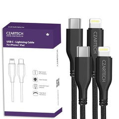 Czartech [1.2 Mt USB-C 20W Fast Charging cable Compatible with i-Phone,14,13, 12,11, X, 8, 7, 6, 5, i-Pad iPad Air and More [Nylon Braided,Black - Pack of 2]