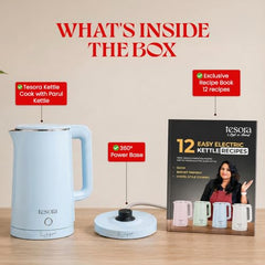 Tesora 1.8L Electric Kettle, 1500W,Stainless Steel Interior, 12 Recipe Book | Electric Water Boiler, Tea Maker, 1500W Fast Boiling, Cool-Touch Body, 360° Base, Auto Shut-Off, Boil-Dry Protection
