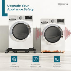 Lifelong Adjustable Washing Machine Stand with Wheels, Heavy Duty Steel Trolley for 5 Kg to 12 Kg Top Load & Front Load Washing Machines | Fridge & Air Cooler Stand | 180 Kg Capacity | Anti Vibration Pads | Black