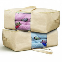 SOLSTICE Extra Large Cotton Canvas Blanket Storage Bags with Zipper, 4 Handles & Window | for Saree, Pillows, Blankets, Rajai & Seasonal Clothes as Wardrobe Organizer and Under Bed Storage | Pack of 2