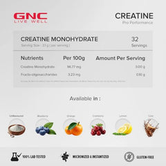 GNC Creatine Monohydrate PRO Performance Powder | 3g, Micronized | 100g | UK's Informed Choice Certified, Unflavoured