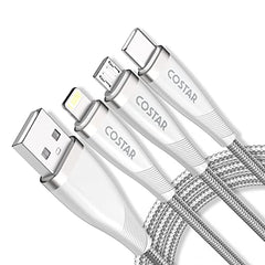 COSTAR 60W 3 in 1 Multi Fast Charging Cable - 3A Nylon Braided Charger Cable Compatible with iPhone, iPad, Samsung Galaxy, OnePlus, Mi, Oppo, Vivo, iQOO, Xiaomi, Car (Silver)