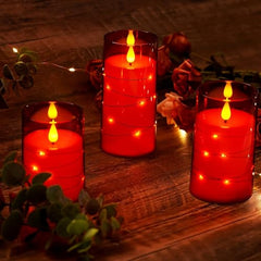 Flameless LED Pillar Candle Set of 2 | Acrylic Fiber Glass | Dancing Faux Wick | Remote Control with Battery Operated 3 AA | Home Décor & Gifting | 3" D x 6" H | Red
