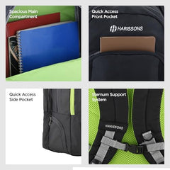 HARISSONS Xeno Travel Laptop Backpack | 40L | Fits 15.6" Laptop | Water-Resistant Dobby PU Polyester | USB Port, Rain Cover, Reflectors, Sternum Strap | Work, College & Commute (Black-Green)
