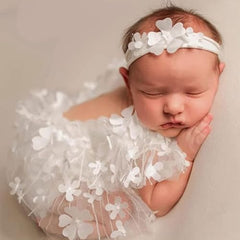 MOMISY Baby Girl Crochet Romper with Lace and Headband, Photography Photoshoot Costume (White, 0-3 Months)