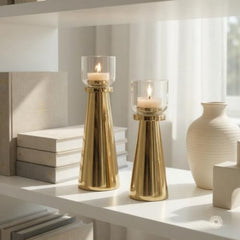 Behoma Handcrafted Golden Tea Light Candle Holders Set of 2 | Premium Metal & Glass Candle Stand | Centerpiece for Living Room, Coffee Tables & Home Decor Gift (Candles Not Included)