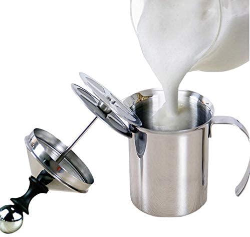SYGA Milk Frother Jug, Stainless Steel Hand Pump Milk Frother Double Mesh Manual Milk Foam Maker Milk Steamer for Cappuccino Coffee Latte- 400ml