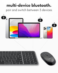 Macally Bluetooth Mac Keyboard and Mouse - Compact (2 Zone) Layout with Number Pad - Multisync, Rechargeable - Wireless Apple Keyboard and Mouse Combo for Mac, MacBook, iPad, iPhone - Silver