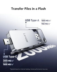 Lexar D70E 2TB Dual Drive External SSD, Up to 2000MB/s Read and 1800MB/s Write, Durable Metal Housing Design, Cable-Free Portable SSD for USB Type-C/Type-A Devices, Compatible with iPhone 17