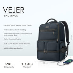 RARE RABBIT VEJER Nylon Texture Backpack, USB Charging Port, Water Repellent, 24L (Blue)