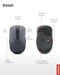 Lenovo WL310 Bluetooth Silent Mouse, Bluetooth 5.0, Upto 3million Button clicks, 1600 DPI, 6 Buttons (Left Click, Right Click, Scroll Click, DPI, 2 x Side Buttons), DPI LED Indicator, Grey