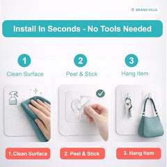 BRAND VILLA Transparent Self Adhesive Wall Hooks, Heavy Duty No Drill Nail Free Sticky Hooks for Kitchen, Bathroom, Keys, Towels & Home Organization (Pack of 10)