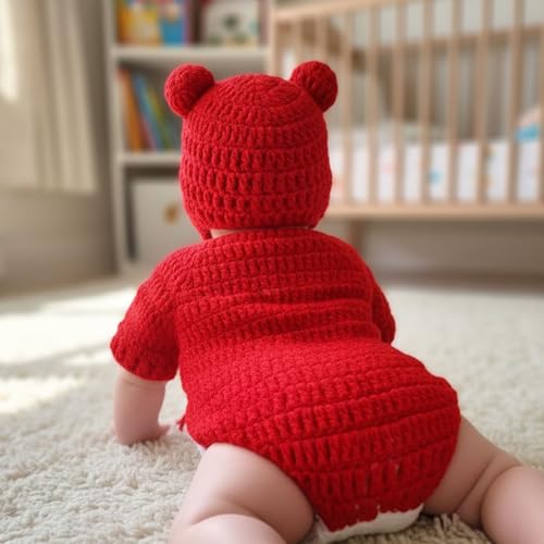 MOMISY Handmade Crochet Baby Romper Set, Red Bear Design with White Belly, Matching Cap, Photography Costume Prop
