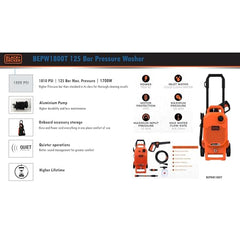 BLACK+DECKER BEPW1600 1300W 1600 PSI 110 Bar Pressure Washer for Car, Bike, Home & Garden Cleaning Use with Multiple Accessories Included, 1 Year Warranty, Orange & Black