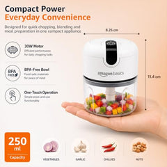 Amazon Basics Mini Electric Chopper | 250 ml | Rechargeable | One touch operation | Sharp Blades | 30 W | Food Grade Bowl | Sharp Blades For Mincing Garlic, Veggies, Onion, Nuts | Grey