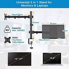 Laptop Desk Arm with Clamp and Grommet, Swivel and Tilt Function (Dual Arm with Monitor & Laptop)
