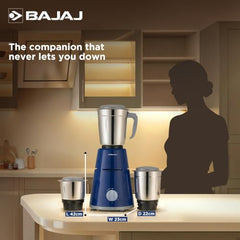 Bajaj GX-1 Mixer Grinder 500W | Superior Mixie For Kitchen | 2-In-1 For Dry Grinding | Blade Function With Titan Motor | 3 Stainless Steel Mixer Jars | 1 Year Product Warranty By Bajaj 【Blue】