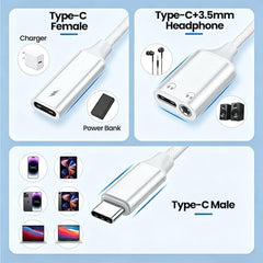 Verilux 3 in 1 Type C to 3.5mm Audio Splitter Headphone Adapter 60W PD