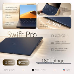 Acer Swift Pro AI PC,Intel Core Ultra 5 Processor 125H,Office 2024 + M365 Basic,16GB LPDDR5 RAM/512 SSD, 35.56cm /14" WUXGA IPS Display, Win 11Home,Blue,1.2Kg,SFP14-55,BL Keyboard,Thin & Light Laptop